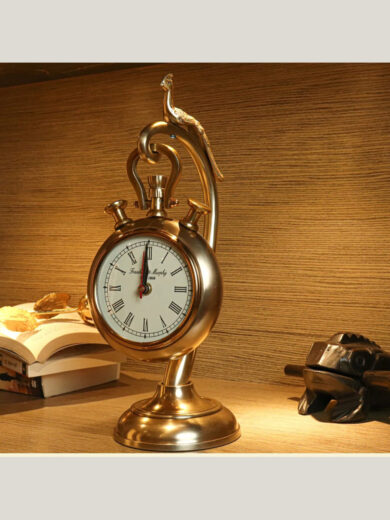 Gold Table Clock with Peacock