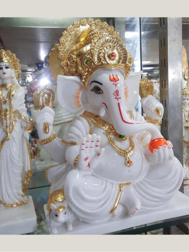 Gold Crowned White Marble Ganesha Statue