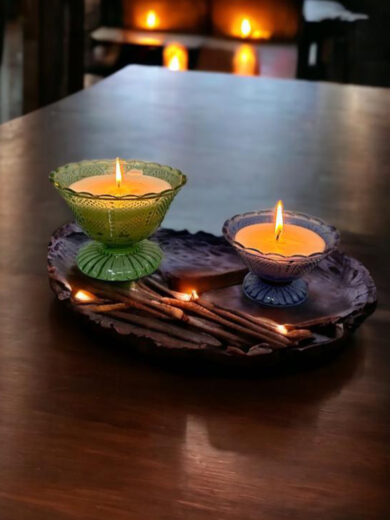 Mini Diya Holder set of 2 with a wooden tray