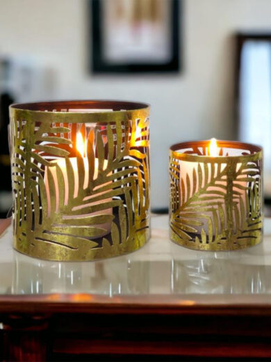 Golden Tea Light Candle Holding Container with Leaf Design