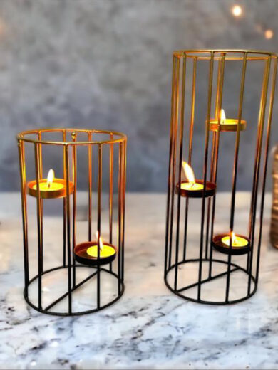 Golden Cage Structured Showpiece with Candle holders